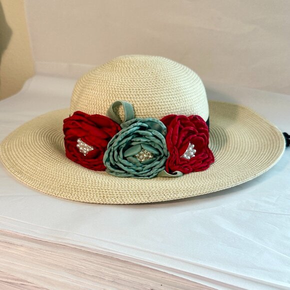 Elegant Women's Tweed Sun Hat With Satin Flowers And Pearls Special Event (NEW) - Picture 11 of 12